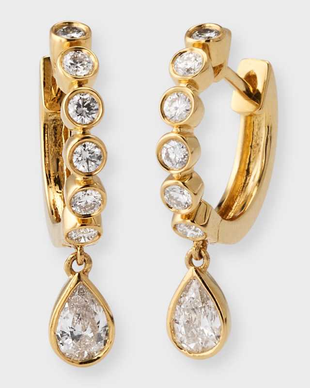 18K Yellow Gold Round Bezeled Huggie Earrings with Pear Dangles